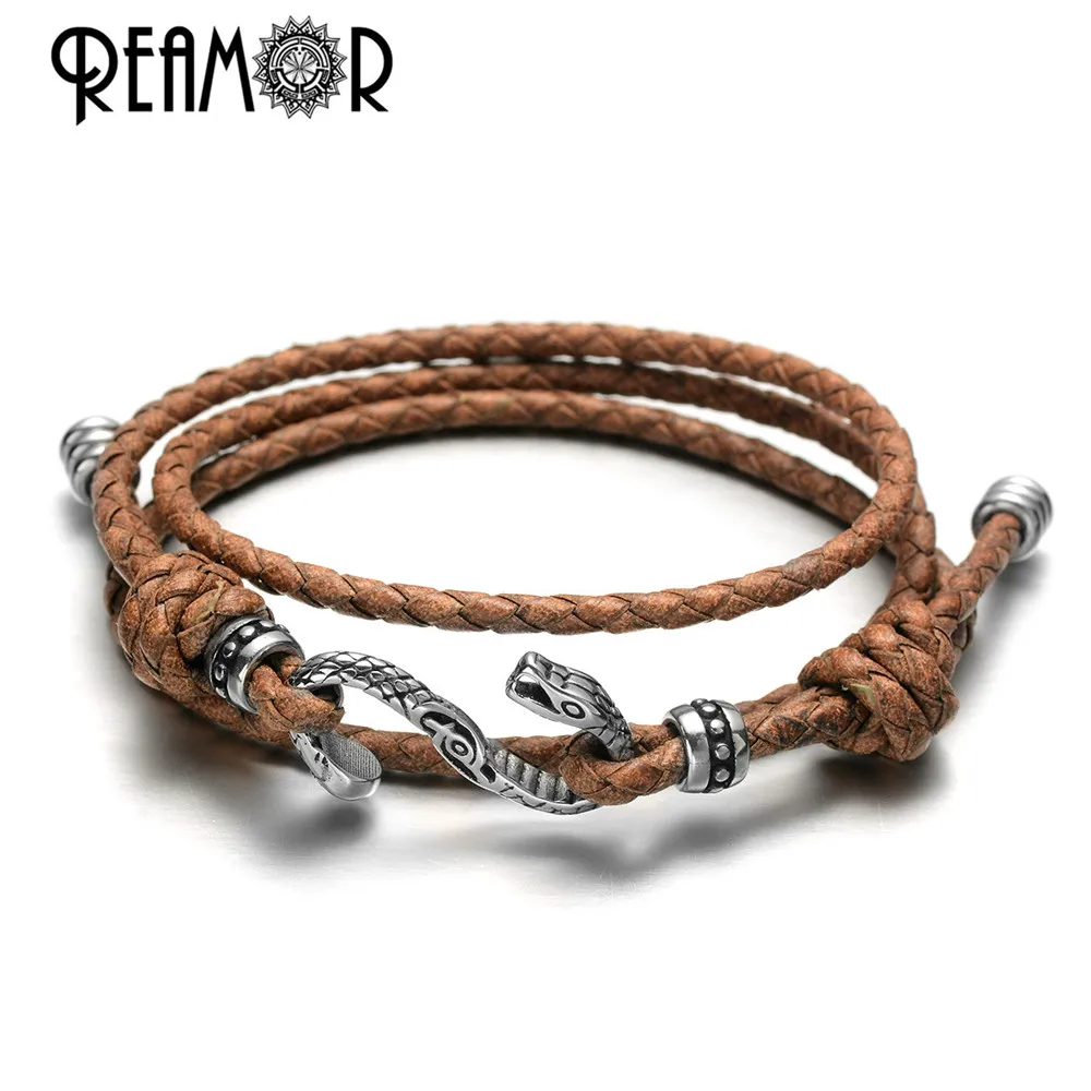REAMOR, многослойные, ручной работы, плетеные, из натуральной кожи, регулируемые браслеты для мужчин, нержавеющая сталь, дракон, змея, застежка, браслет, подарки - Metal Color: 3C004 1