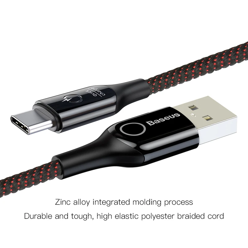 Cable Baseus 3A Smart Power Off USB C para OnePlus 6 Huawei Xiaomi Quick Charge 3,0 tipo C Cable de sincronización de datos Cable LED tipo c