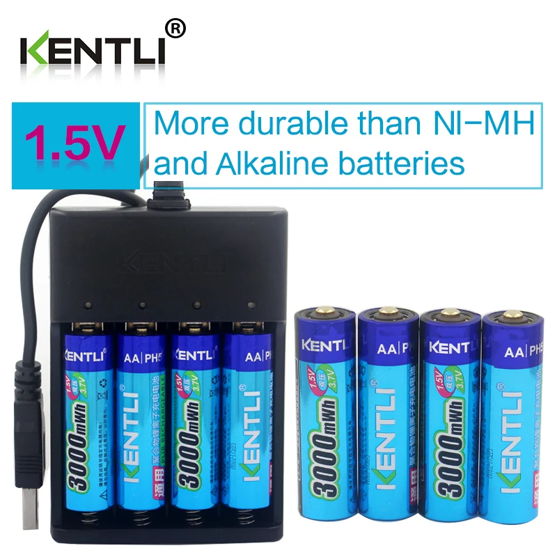 Najtaniej KENTLI 8 sztuk 1.5v 3000mWh AA akumulator litowo polimerowy litowo jonowy bateria litowo polimerowa + 4 gniazda inteligentna ładowarka na usb