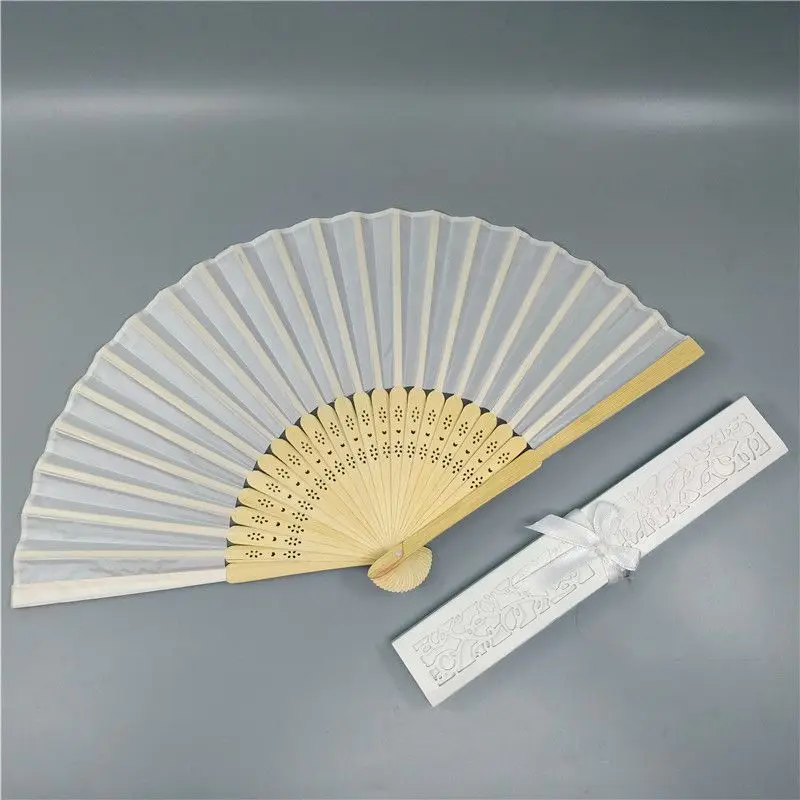  10pcs/lot Personalized 21cm wood Spun Silk Hand Fan Wedding Invitation Rice color - 33052708244