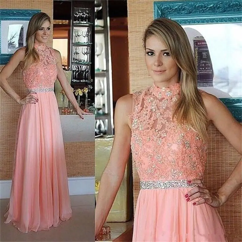 

Long Chiffon Prom Dresses 2019 Vestidos de Gala Vestido Formatura Lace with Belt High Neck Sleeveless Dress for Party