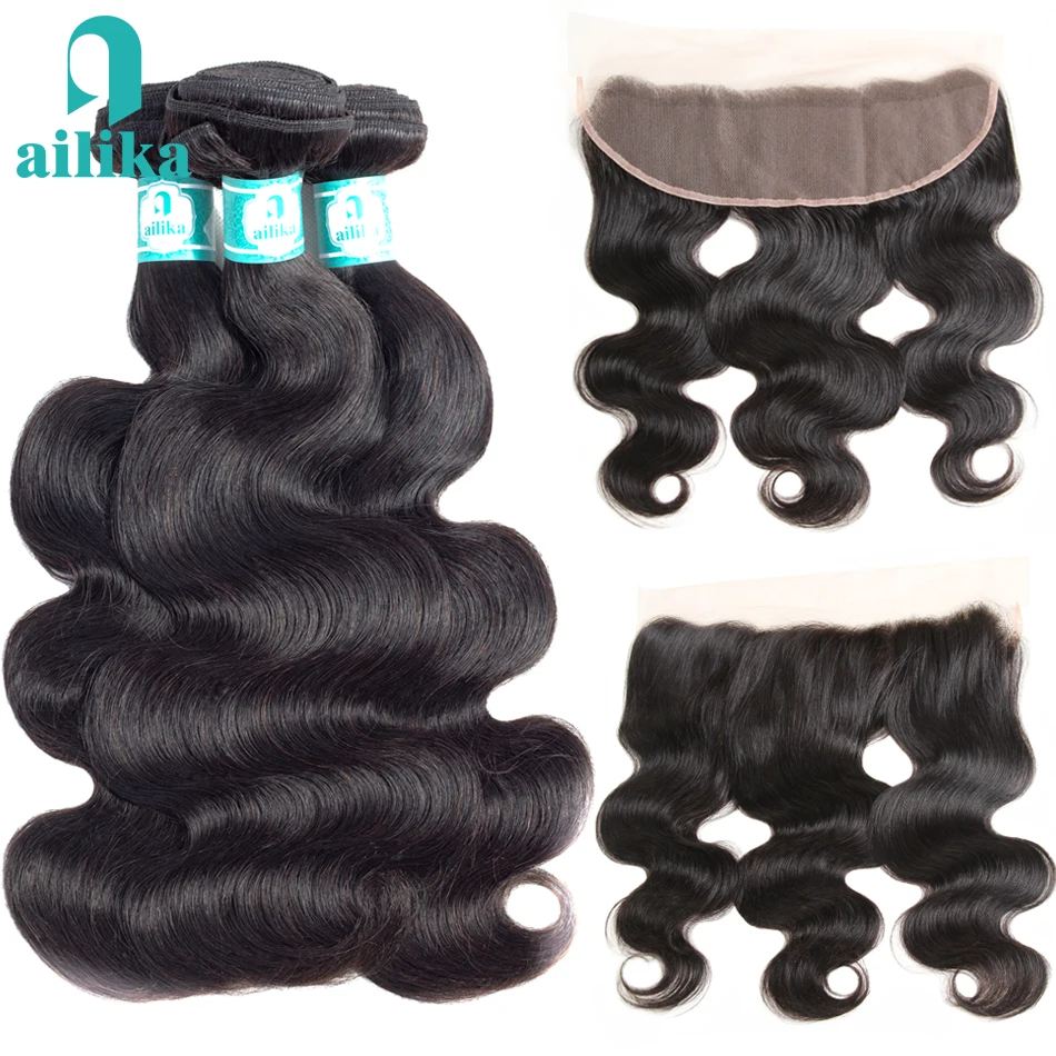 

AILIKA Hair Brazilian Body Wave with Frontal Natural Color 100% Real Human Hair With Frontal Non Remy Hair Weave Bundles