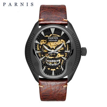 

PARNIS 43mm Black Case Skull Skeleton Dial Men Mechanical Automatic Watches Luminous Men's Watch Top Brand Luxury 2020 Man Clock