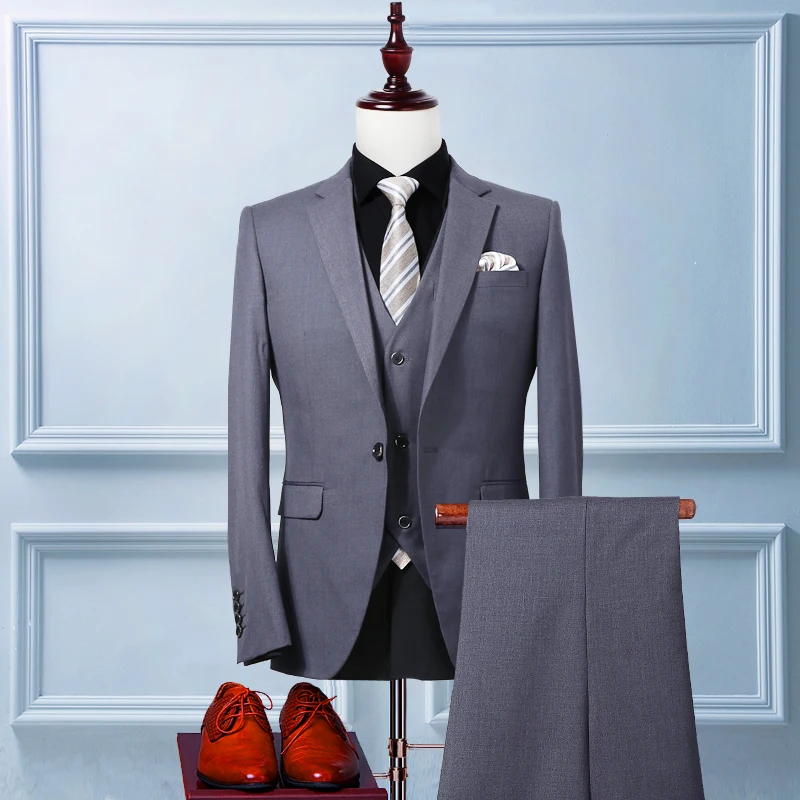 263  Custom made Mens Light Grey Cashmere Suits Fashion Formal Dress Men Suit Set men wedding suits groom tuxedos(Jacket+Pants+Vest)