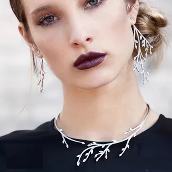 

Luxury AAA Zircon Leaf Branches Stud Earring Collar Necklace 925 Sterling Silver Crystal Jewelry Women Wedding Jewelry