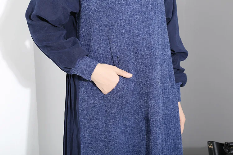 [EAM]2019 New Spring Winter Round Neck Long Sleeve Back Pleated Split Joint Irregular Loose Blue Dress Women Fashion JD487