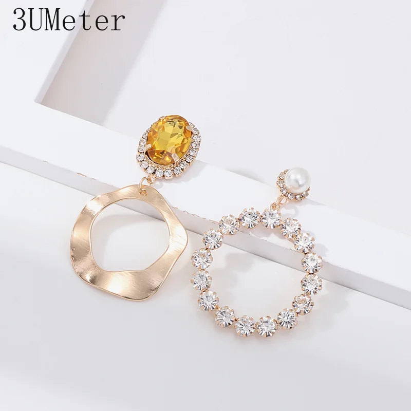 

3UMeter 2019 New Fashion Big Asymmetric Earrings For Women Temperament Pearl Yellow Rhinestone Earrings Gift For Girlfriend 9999