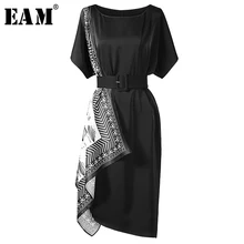 [EAM] Новинка года; сезон весна-лето; круглый вырез; короткий рукав; черное платье с принтом; необычное свободное платье; женская мода; JW393