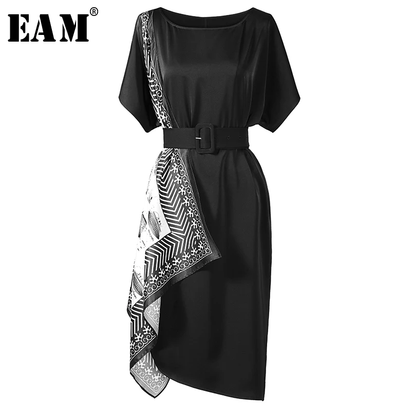 

[EAM] 2019 New Spring Summer Round Neck Short Sleeve Black Pattern Printed Irregular Loose Dress Women Fashion Tide JW393
