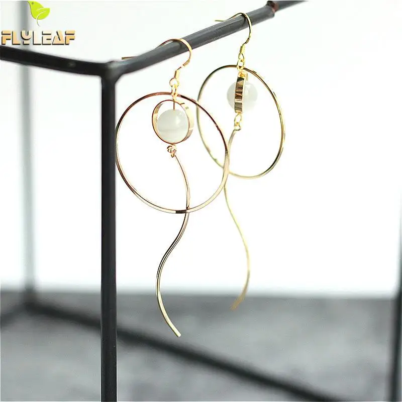 

Flyleaf 925 Sterling Silver Circle Big Drop Earrings For Women Opal Dangle Long Earings Fashion Jewelry Gold Party High Quality