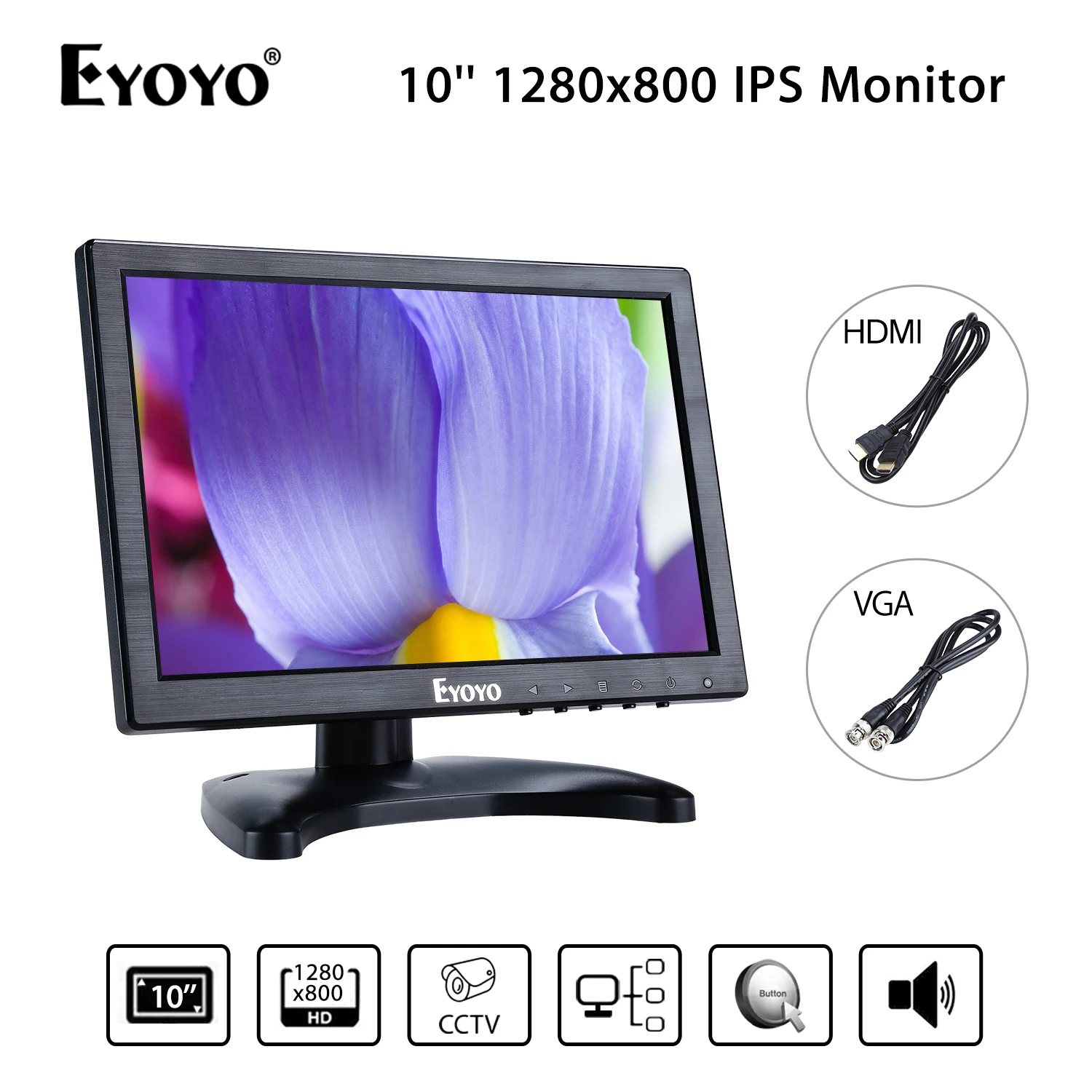 Eyoyo h1016 IPS FHD 10 ''Дисплей 1280 P 350cd/m2 VGA BNC USB аудио-видео HDML Мониторы черный для видеонаблюдения DVD портативных ПК DVR CCD Камера