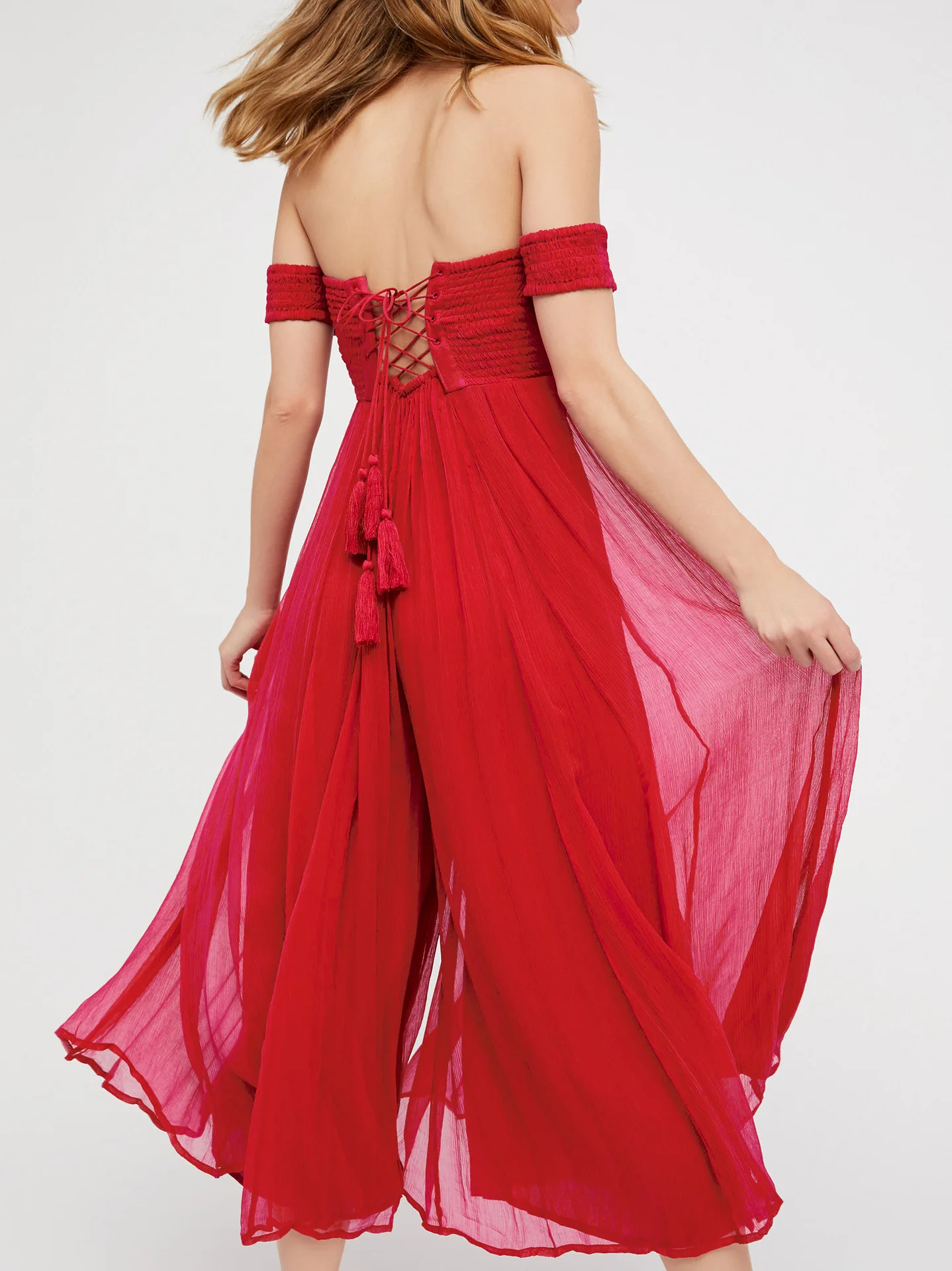 

Canwedance hot sale chiffon material fashion jumpsuits widely boot cut style full length jumpsuits bandage back boho suits