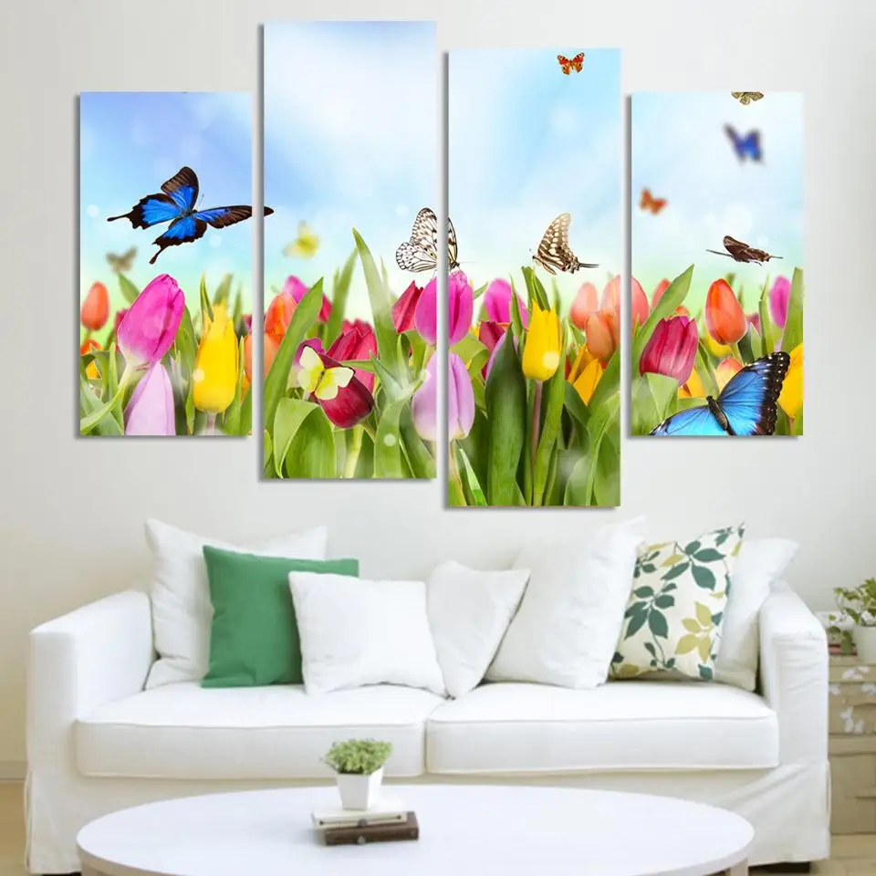 Direct factory price!Modern wall art decor 4 piece tulip and butterfly