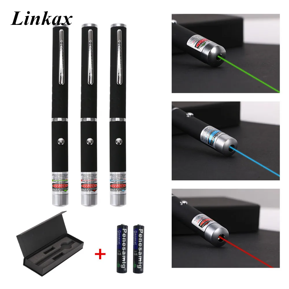 

Powerful 532nm Laser Pointer Green Blue-violet 405nm Red Beam Light Pen Laser Flashlight With Gift Box 2*AAA Batteries