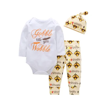 

Baby girl clothes autumn and winter new children's clothing letter cotton print + cute pattern pants hat three-piece 6M-3T