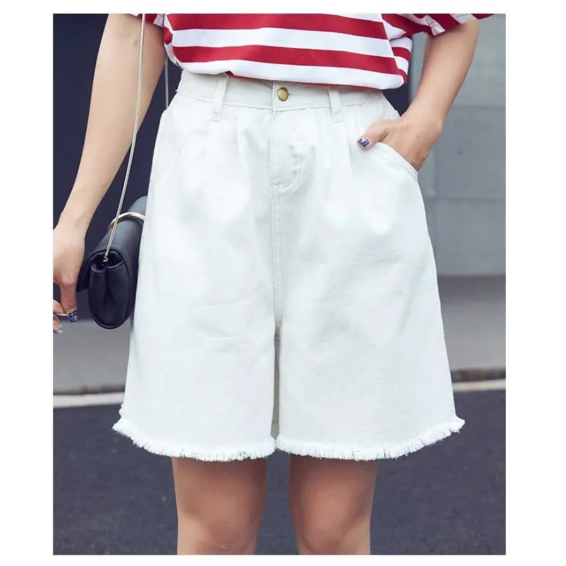 Wide Leg Pants Female Five Points Raw Jeans Knee Length Casual Loose Wide Leg Pants Flat 2019 Summer New Loose