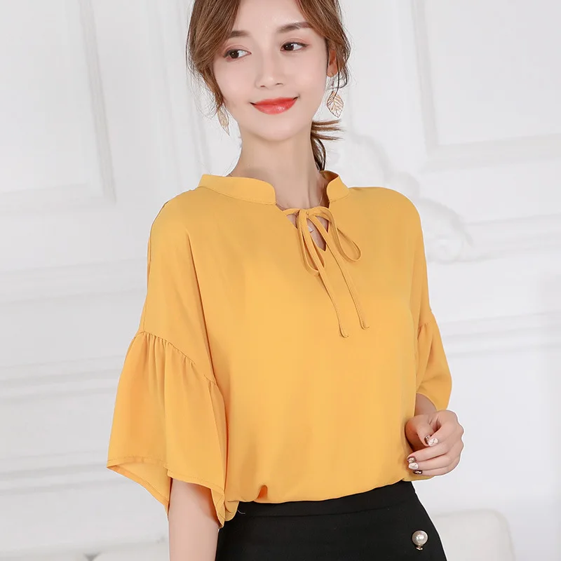 الصيف 2019 المرأة عارضة الكورية الشيفون قميص فضفاض قصيرة الأكمام قميص المرأة أنيقة مكتب الأحمر بلوزة السيدات الشارع الشهير قمم