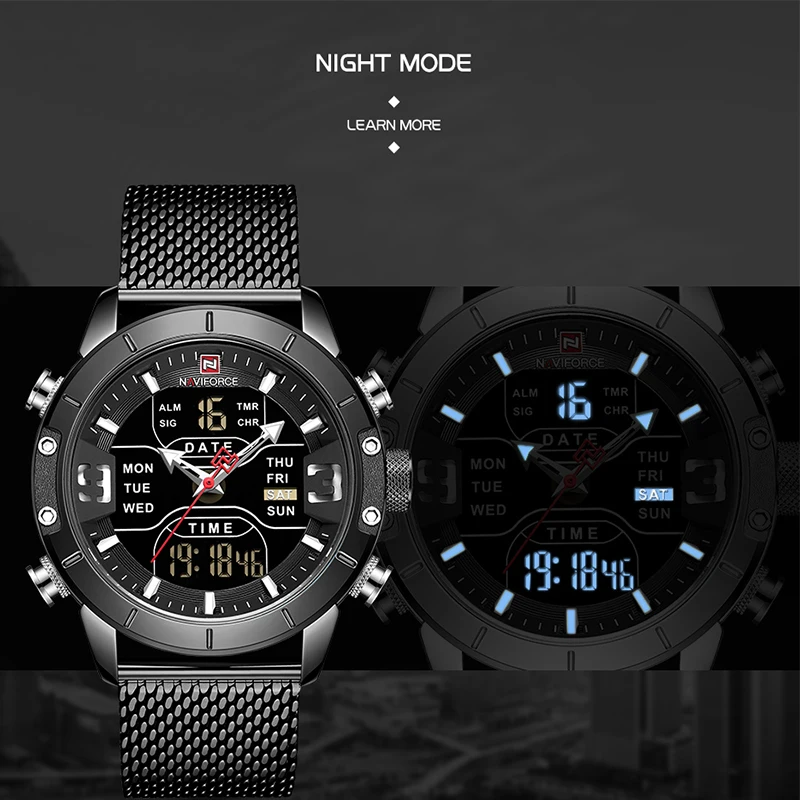 Mens watch top brand luxury NAVIFORCE 9153 stopwatch LED sport military waterproof steelstrap wrist