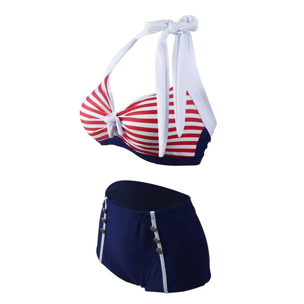 2018 Summer Women's Bikini Swimsuit Striped Push Up Fat Swimwear Set Plus Size A1718 rainbow striped bardot bikini set