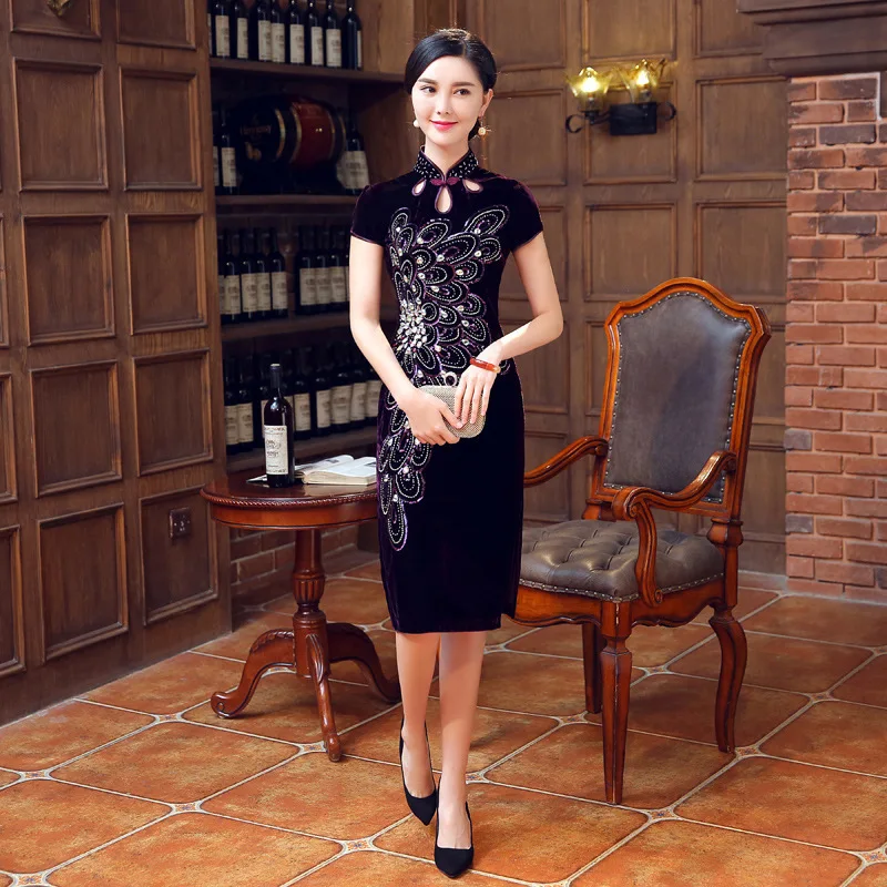 Винтаж Cheongsam синий традиционное китайское платье Ципао Vestido Oriental Стиль Платья для женщин бархатные Свадебные платья Robe Mariage chinoise