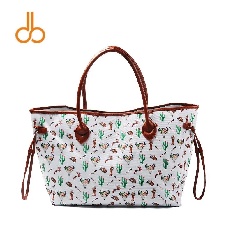 Cactus And Flower Patterns Cord Trims Canvas Tote Bag , wholesale Large Arrow Skull Tote Bags ...