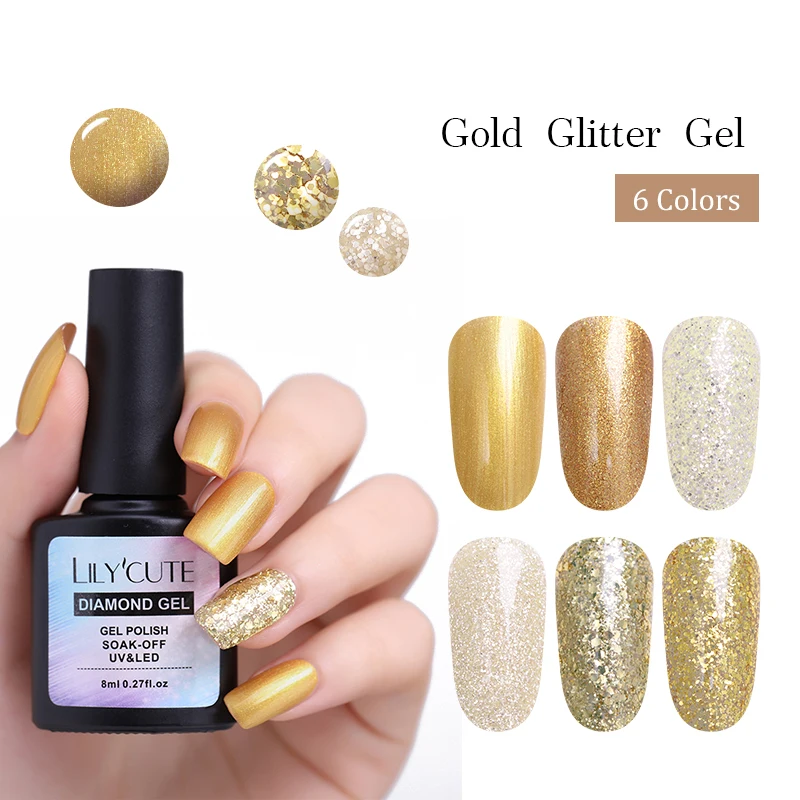

LILYCUTE 8ml Gold Sequins Gel Polish Soak Off Nail Art UV LED Gel Varnish Manicure Decoration Supplies