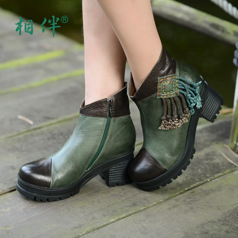 Handmade women ankle boots shoes genuine leather fringed boots elegant comfortable high heeled fashion female boots thick bottom