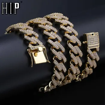 

Hip Hop 14MM Bling Iced Out Zircon Cuban Chain Full Paved Rhinestone Men's Necklace Gold Copper Necklaces For Men Jewelry
