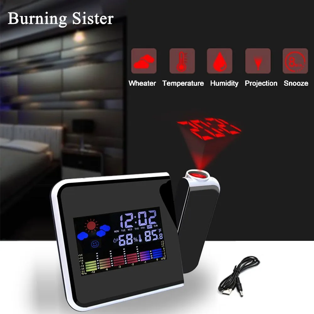 

Digital Alarm Clock with Projector Color Screen Projection Desktop Clock Multi-function Weather Calendar Time Watch