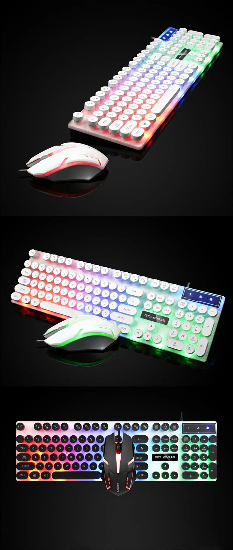 Gaming Keyboard Retro Round Glowing Backlit 3-Color LED USB Wired Waterproof  Colorful Gaming woking Keyboard mouse kits