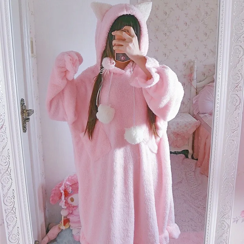 

sweet cute Rabbit ears hooded Korea Women's Clothing autumn New loose Coral fleece Keep warm long sleeve pink Nightdress dresses