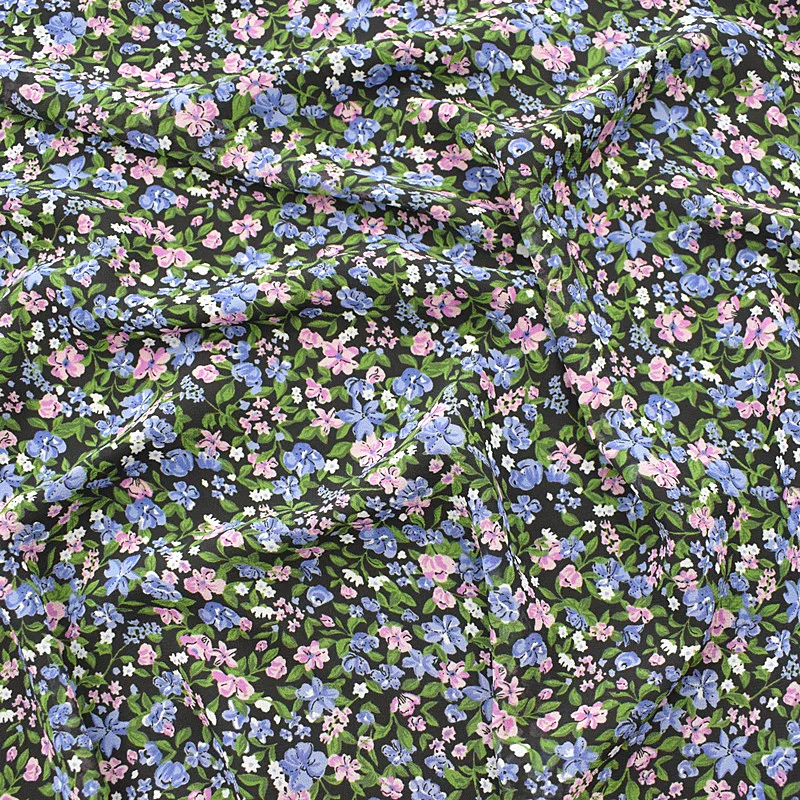 

2019 new high-viscosity chiffon fabric spring and summer printed fabric black background clear small flowers high-grade