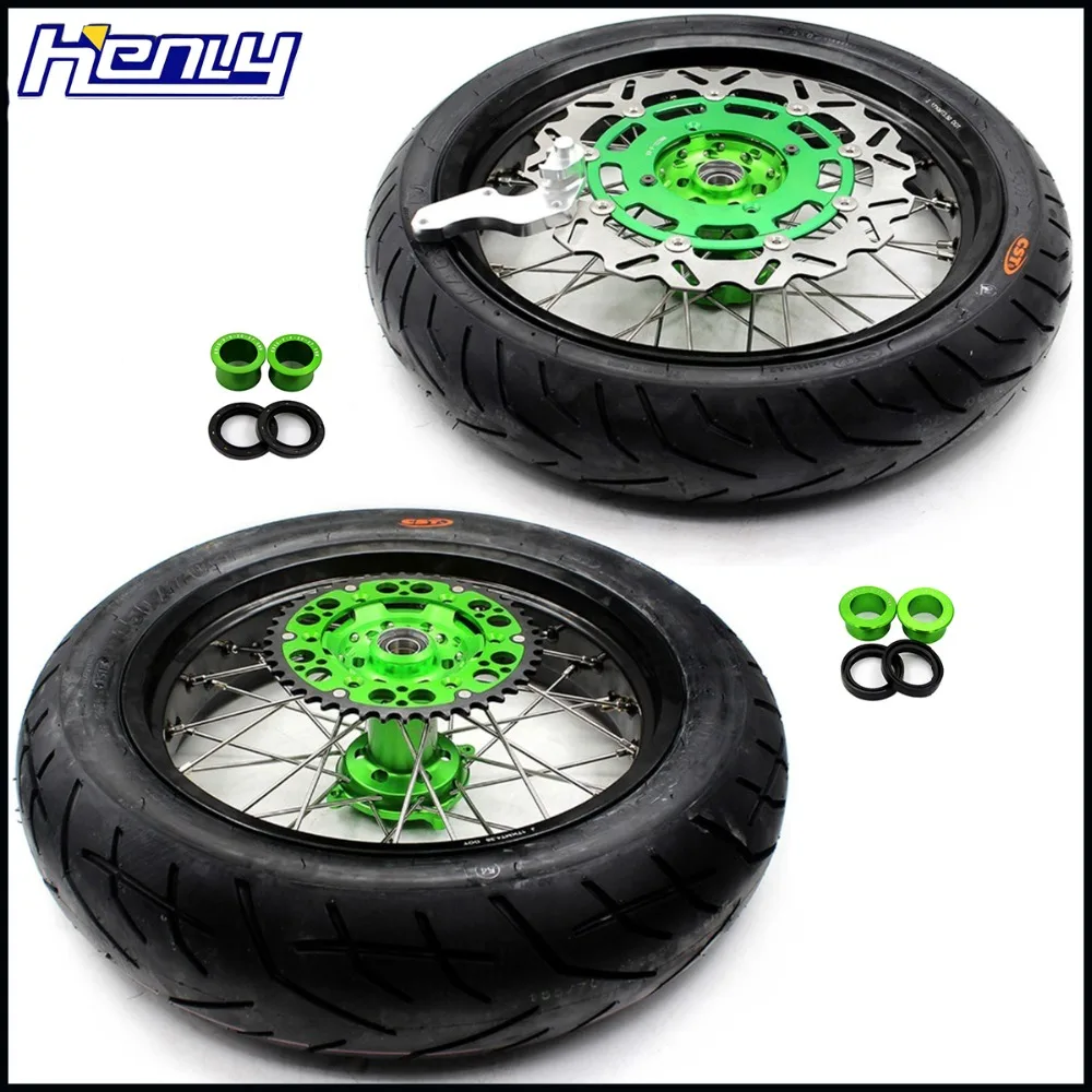 

3.5/5.0 Complete Super moto Wheels Rims CST Tires Set For KAWASAKI KX250F KX450F 2006-2018 Supermotard Rim Wheel Green Hubs