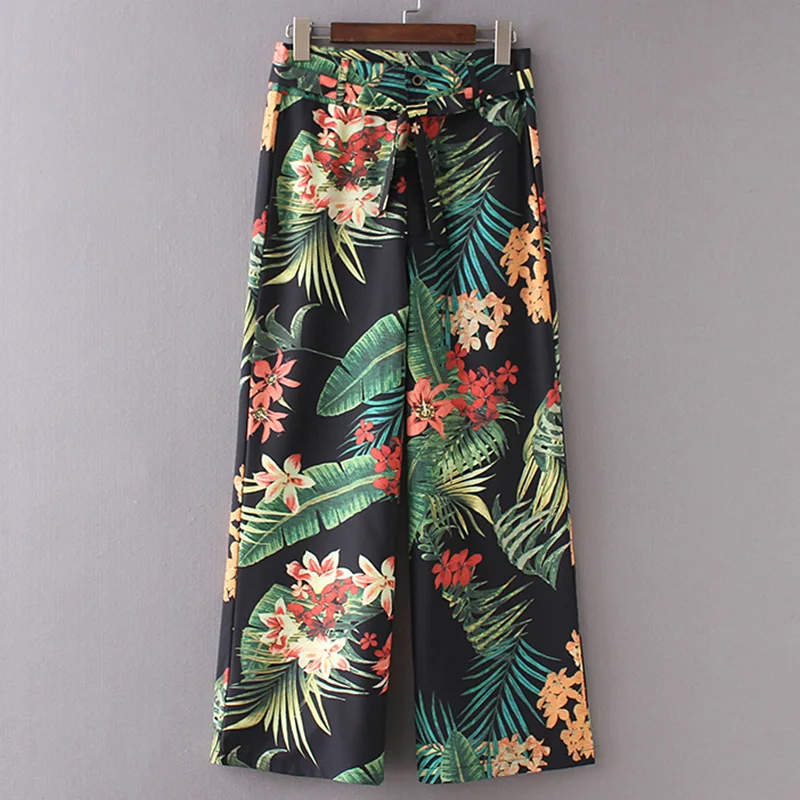 

Womens summer wide lege pants high waist bohemian tropical styled Chiffon full pants with sashes Thin beach Holidays trousers