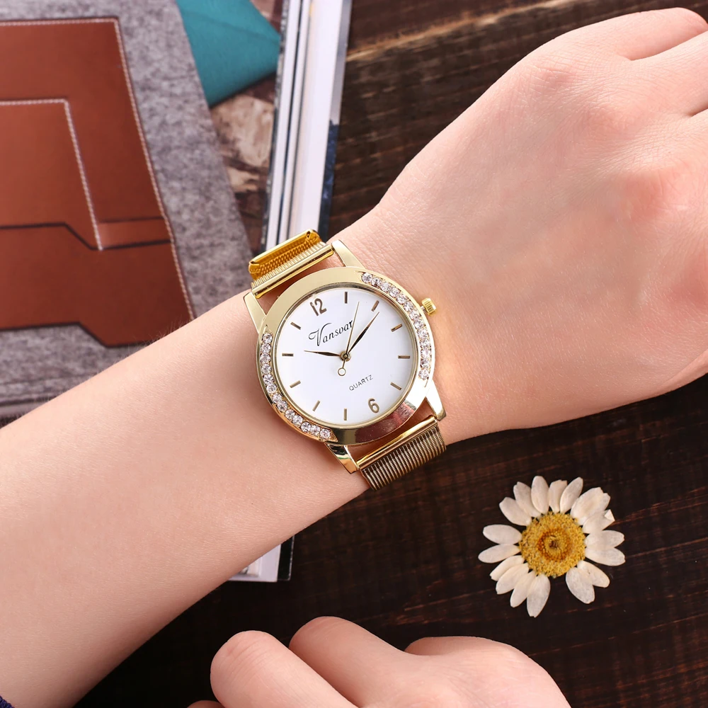 Бренд vansvar модные золотые серебряные сетчатые кварцевые часы повседневные женские часы из нержавеющей стали Relogio Feminino подарок часы