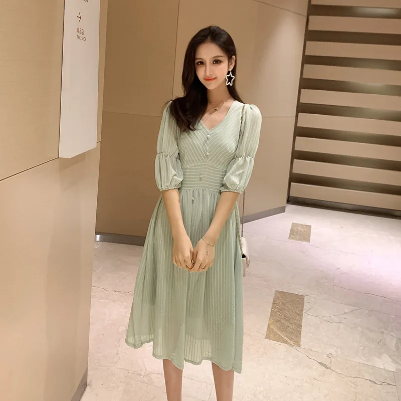 

Korean women's spring solid color V neck dark striped waist midi dress casual wind loose puff sleeves summer women's dress 2019