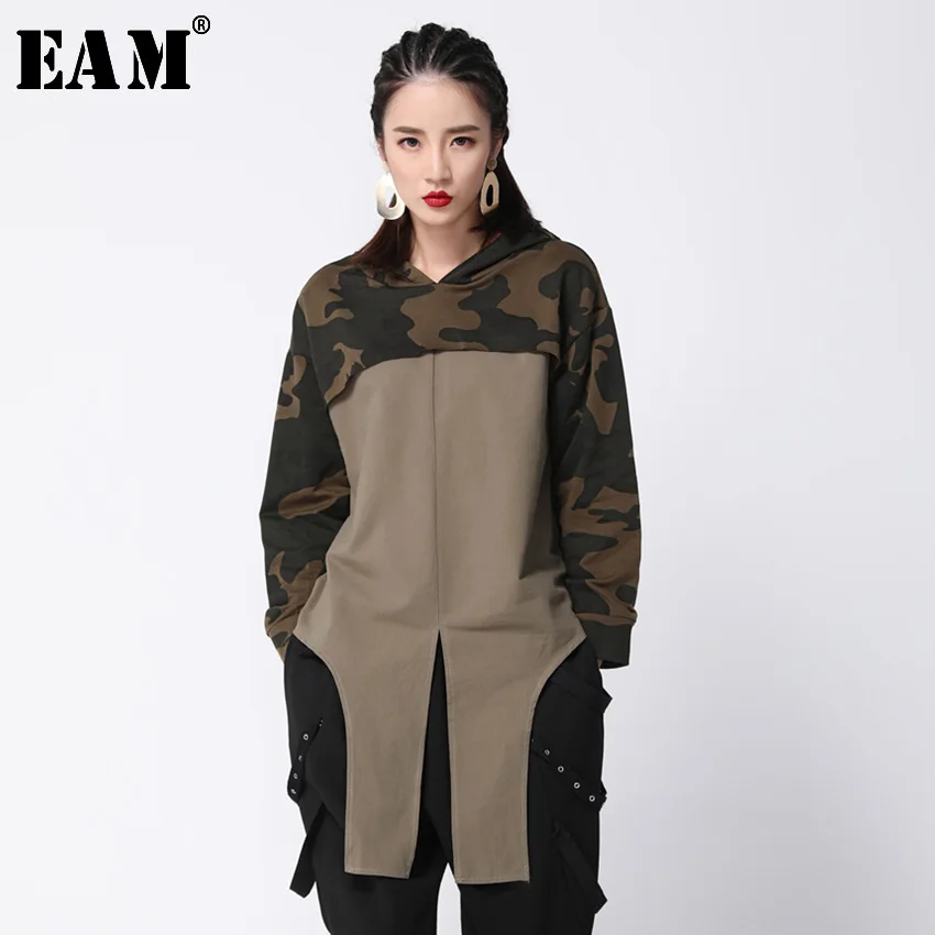 

[EAM] 2019New Spring Summer Full Sleeve Hooded Collar Patchwork Camouflage Vintage Women Fashion Casual Tide T-shirt OA877
