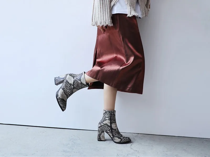 Snake Ankle Boots Women Autumn Winter Lady High Heels A275 Fashion Woman Gold Silver Brown Red Buckle Zipper Pointed Toe Shoes