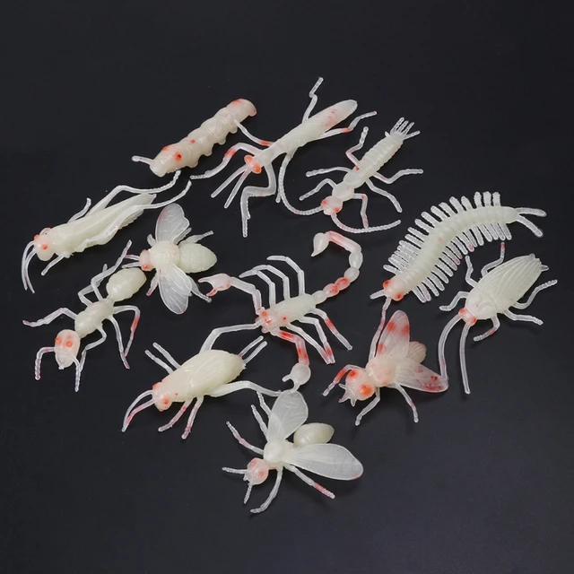 HBB Novelty 12Pcs Soft Spider Insect Night Glow in the Dark Worms Halloween Toy Joke Gag Kids Luminous Toys 4