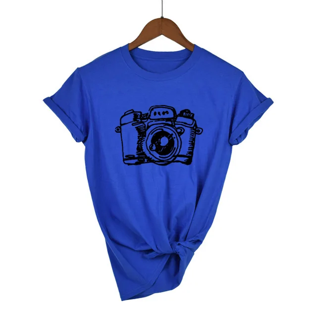 Новинка; женская модная повседневная футболка с коротким рукавом и милым принтом для фотографа; топы для девочек; летняя повседневная одежда - Цвет: FP69-FSTBU-