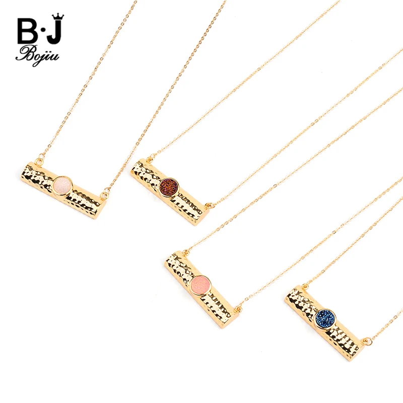 

BOJIU 10 Colors Natural Druzy Stone Short Pendant Necklaces For Women Gold-color Copper Chain & Bar Bijou Choker Necklace NKS217