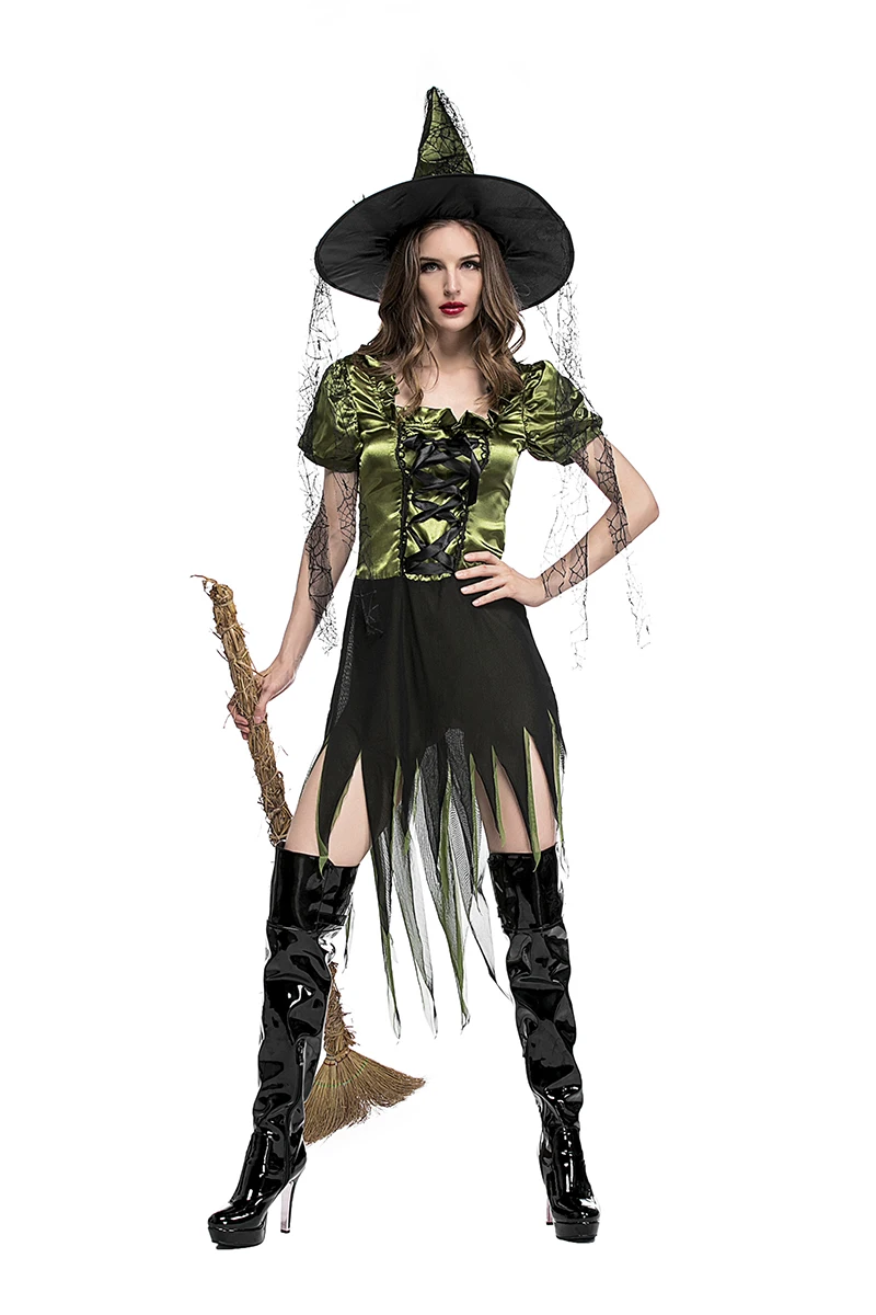 Adult Women Halloween Gothic Green Witch Costume Fancy Sexy Dress Elf Cosplay Clothing Pointed