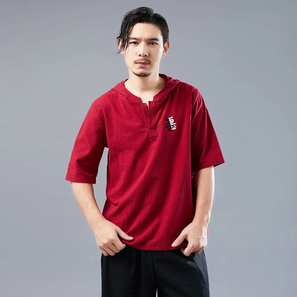 LZJN 2019 Men's Shirt Summer Style Hooded Short Sleeve Blouse Top Men New Casual Embroidery Cotton Linen Shirt Camisas De Hombre (11)