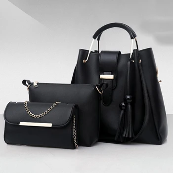 

3Pcs Women Handbags Set 2019 Leather Shoulder Bags Large Capacity Casual Tote Bag Female Tassel Bucket Purses And Handbags