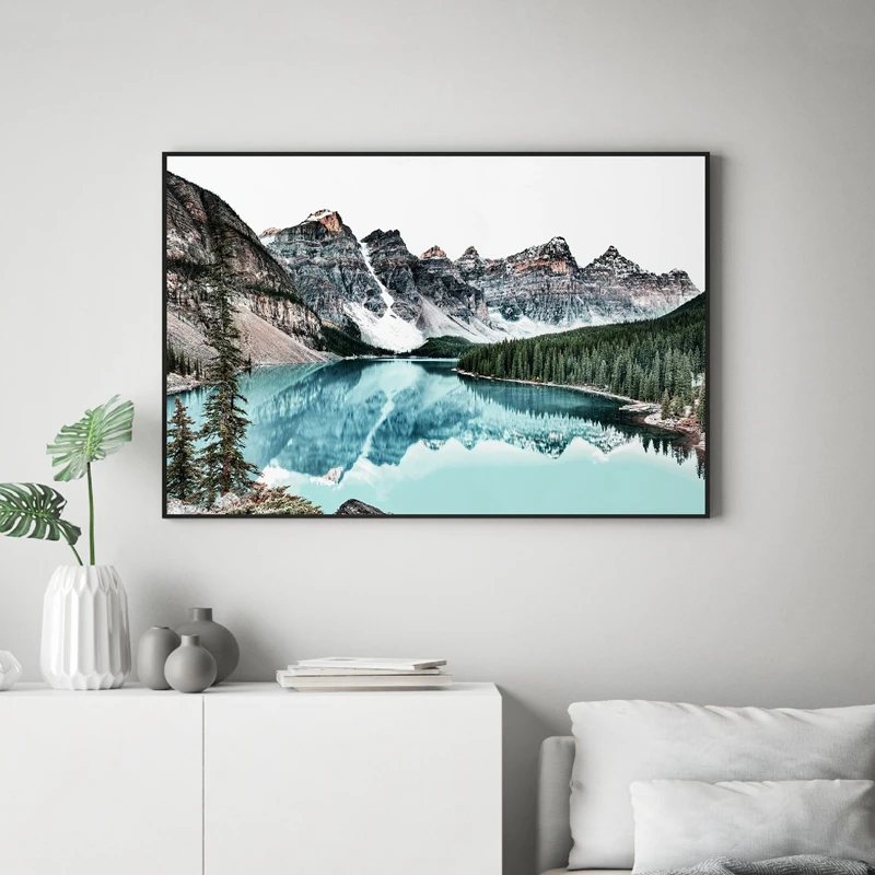 Mountain Landscape Print Teal Nordic Wall Art Canvas Painting Poster ...