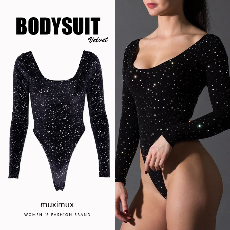

2018 Winter Women Sexy Bodysuit Autumn Polka Dot Long Sleeve Bodycon Backless Fitness Velvet Black Bodysuit Women Female