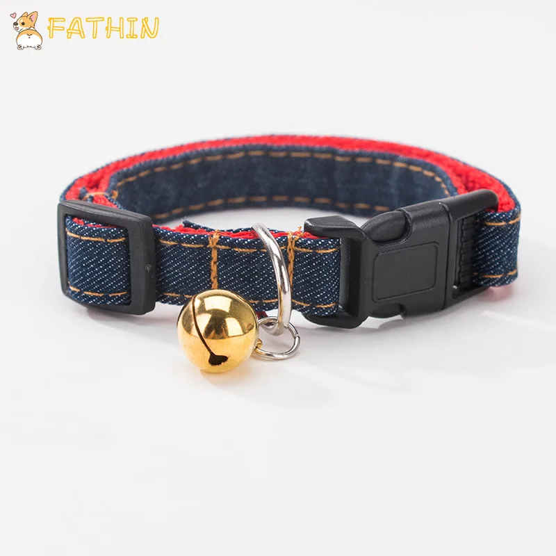 

FATHIN Cool Jean Dog Collars with Bell Adjustable Puppy Pet Collar 30-45CM Pets Acessorios