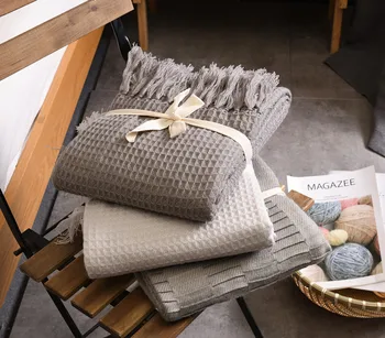 

130x160cm Plain Knitted wool blanket waffle pattern throw blanket with fringe decorative sofa cover tassel blanket indoor