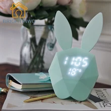 Rabbit Bunny Digital Alarm Clock Green/Pink LED Night Light Thermometer Table Wall Clock/Built-in Lithium Battery rechargeable