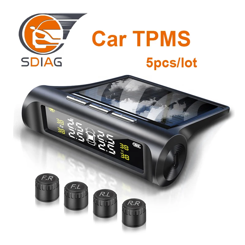 

5pcs/lot Solar Power USB TPMS Car Tire Pressure Monitoring System LCD 4 External / Internal Sensors forTemperature Warning